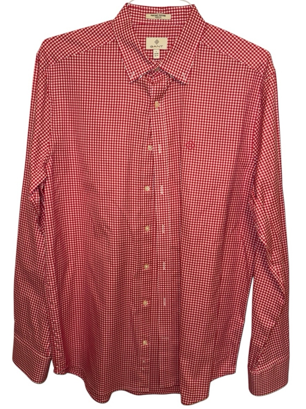 Gant Men's Red Gingham Button-Down Dress Shirt Pinpoint Oxford Regular L